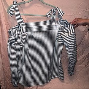 MICHAEL KORS OFF SHOULDER STRAPS BLUE STRIPED TIED BLOUSE
